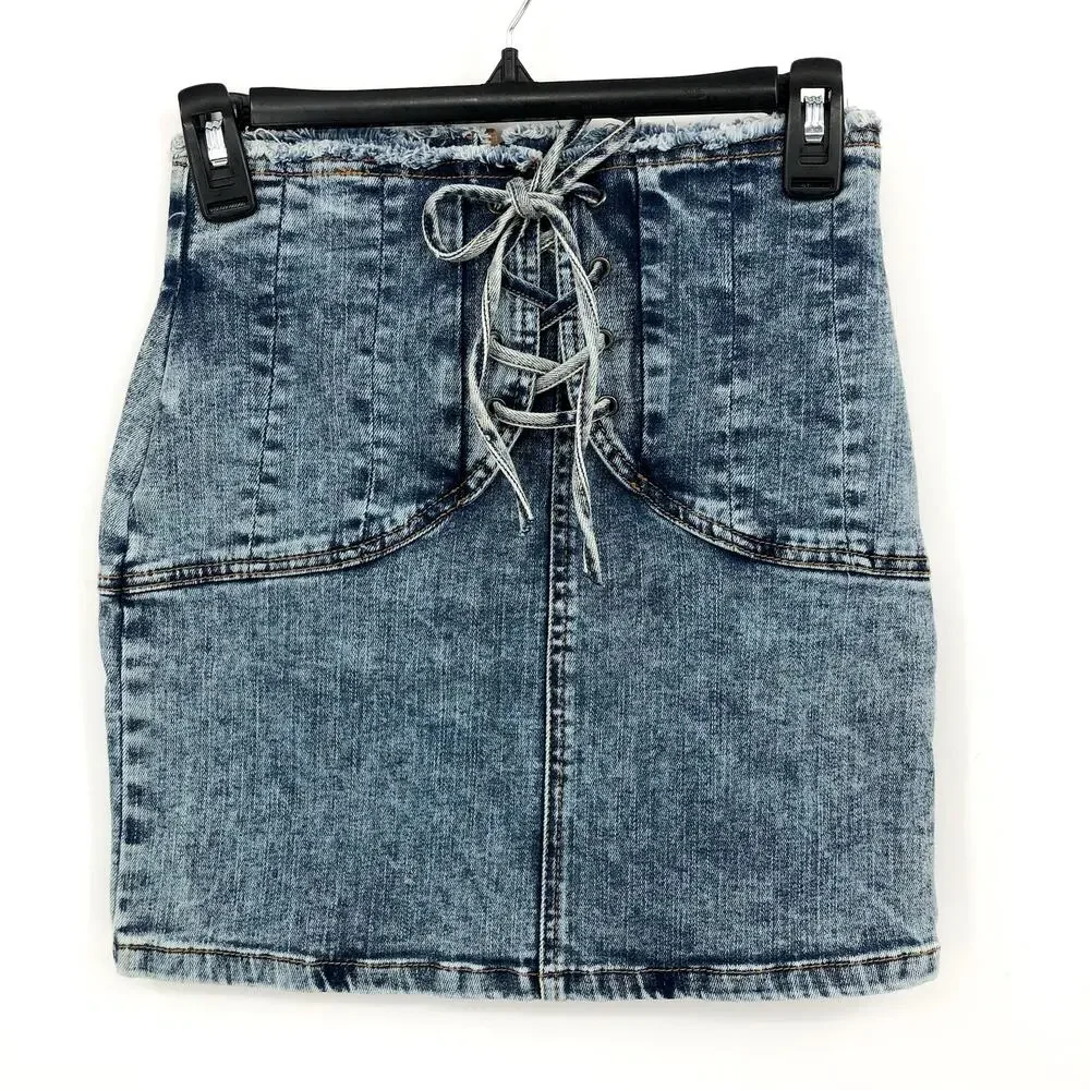 BARDOT Girls Corset Denim Skirt US 16 Blue Acid Wash Cotton NWT